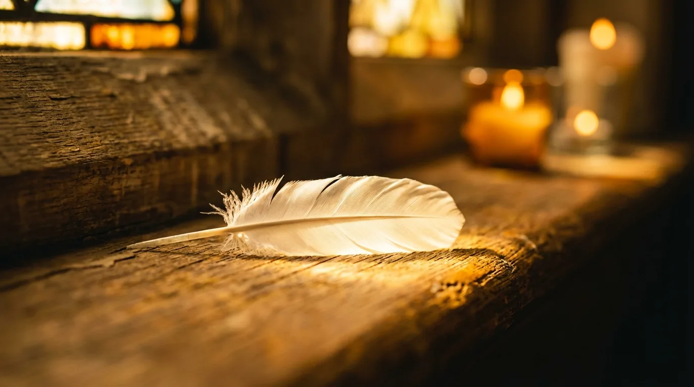 Weiße Feder im goldenen Licht — ein Zeichen der geistigen Welt